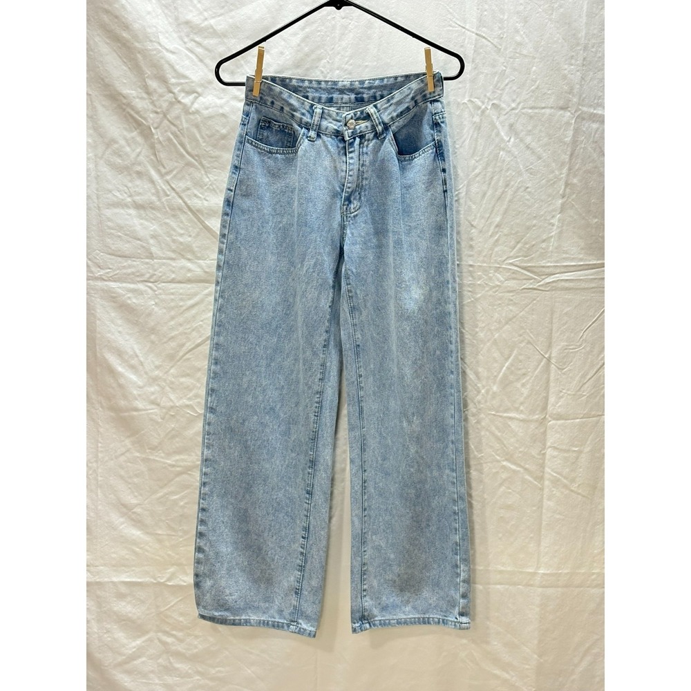 Bow Pocket Jeans Womens 26 Coquette Y2K Wide Leg Light Wash Denim